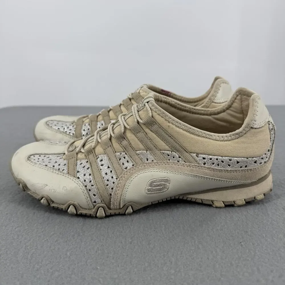 Skechers Bikers Womens 7.5 Beige Silver Slip On Lifestyle Sneakers SN 21373